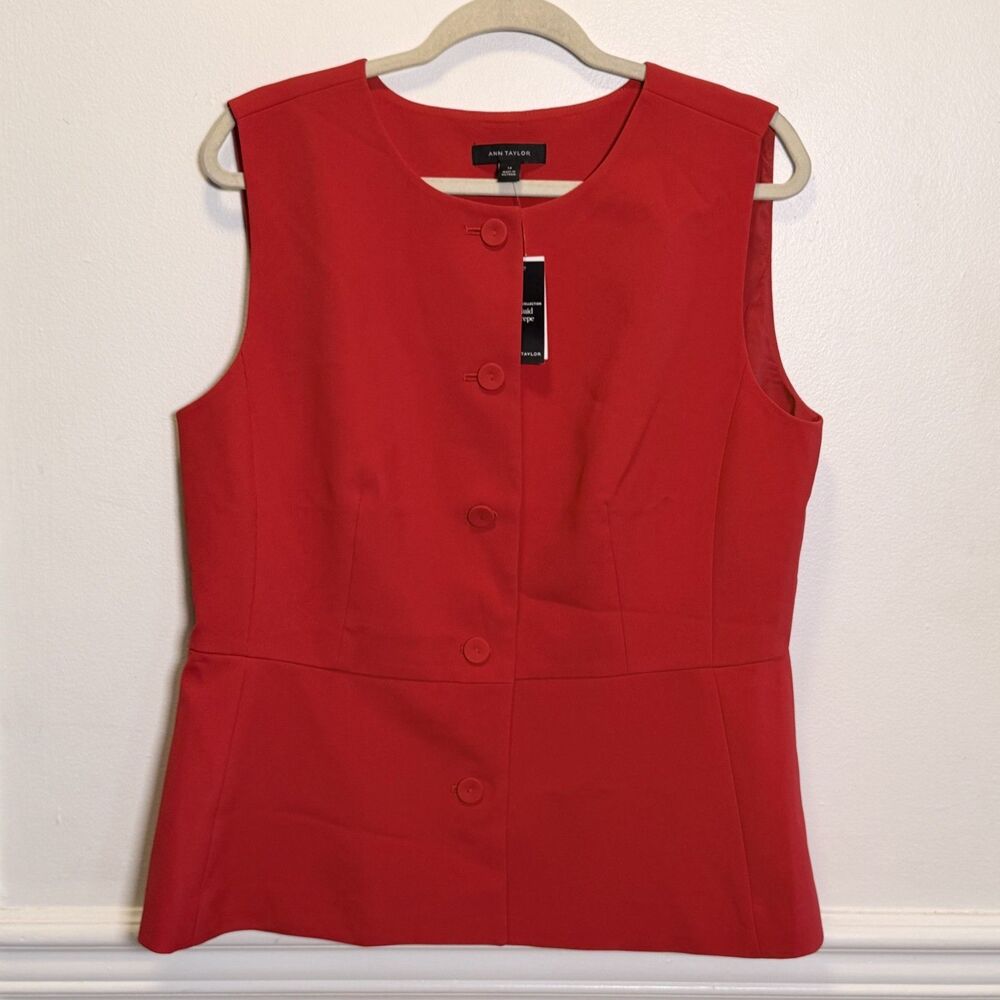 Ann Taylor NWT Size 14 Red Fluid Crepe Button Front Peplum Vest Suiting Top